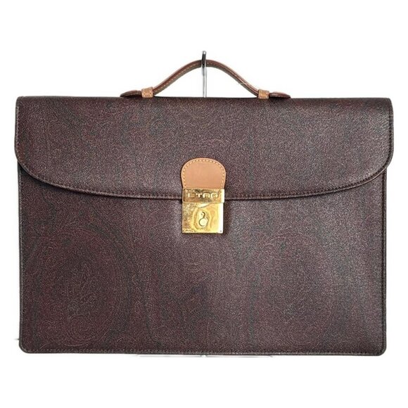 Auth ETRO - Dark Brown Beige Multi PVC Leather Business Bag - Picture 1 of 11